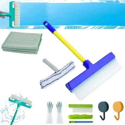 Squeegee, Window Cleaner with 47.3inch Extension Rod, Recyclable Silicone Window Squeegee Kit with Silicone Squeegee & Microfiber Scrubber, Easy to Clean Without Streaks (Blue)