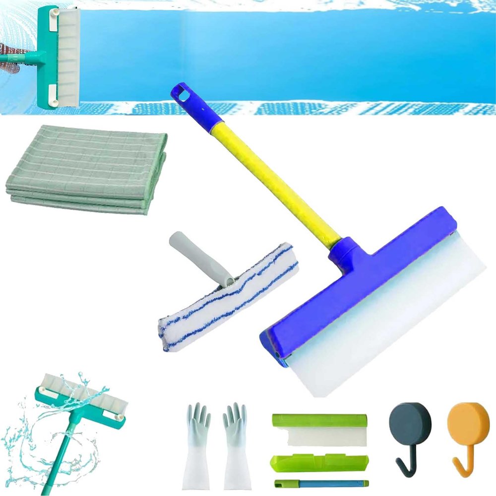 Squeegee, Window Cleaner with 47.3inch Extension Rod, Recyclable Silicone Window Squeegee Kit with Silicone Squeegee & Microfiber Scrubber, Easy to Clean Without Streaks (Blue)