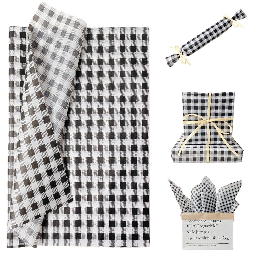 150 Sheets Buffalo Plaid Tissue Paper Gingham Black and White Checkered Tissue Paper Bulk Gift Bags Wrapping Tissue for Christmas DIY Art Craft Wedding Birthday Baby Shower Decor, 14 x 20 Inches