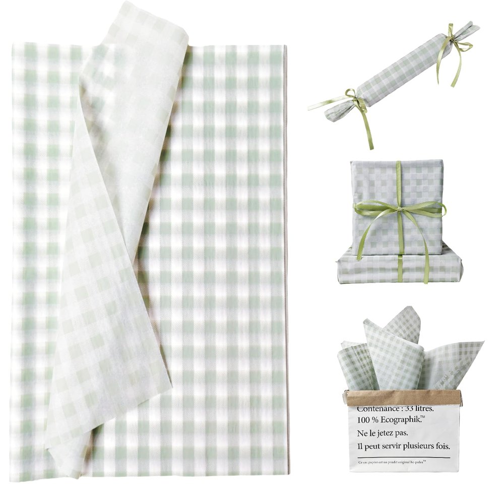150 Sheets Buffalo Plaid Tissue Paper Gingham Sage Green and White Checkered Tissue Paper Bulk Gift Bags Wrapping Tissue for Christmas DIY Art Craft Wedding Birthday Baby Shower Decor, 14 x 20 Inches