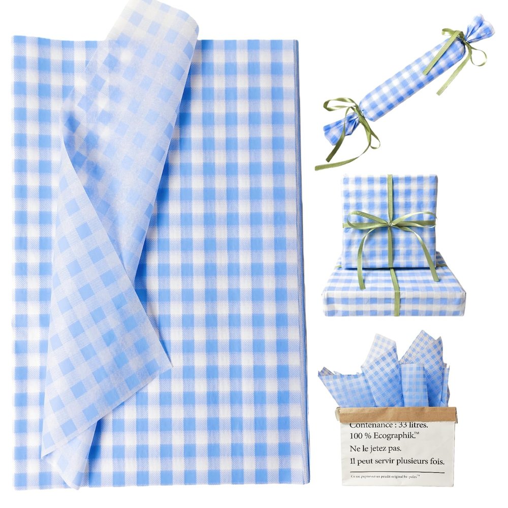 150 Sheets Buffalo Plaid Tissue Paper Gingham Dusty Blue and White Checkered Tissue Paper Bulk Gift Bags Wrapping Tissue for Christmas DIY Art Craft Wedding Birthday Baby Shower Decor, 14 x 20 Inches