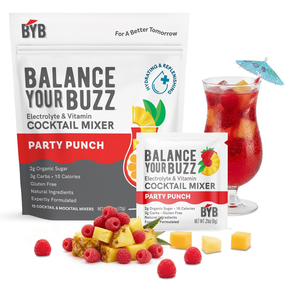 BYB Mixers Party Punch Cocktail Mix Packets (12 Pack) Infused with Electrolytes and Vitamins, 10 Calories, 2g Organic Sugar, 3g Carbs, Cocktail and Mocktail Mixer, Natural Ingredients