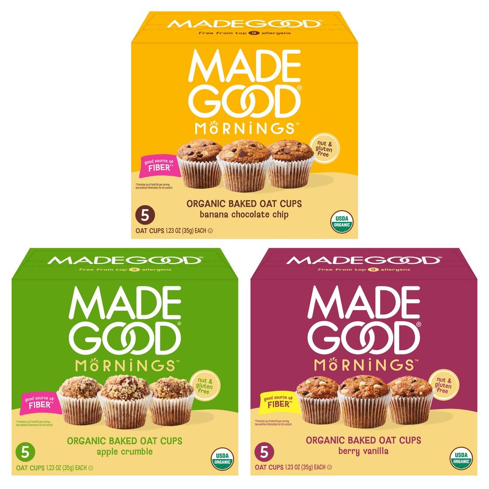 MadeGood Mornings Organic Baked Oat Cups Variety Pack (Banana Chocolate Chip, Apple Crumble, Berry Vanilla)
