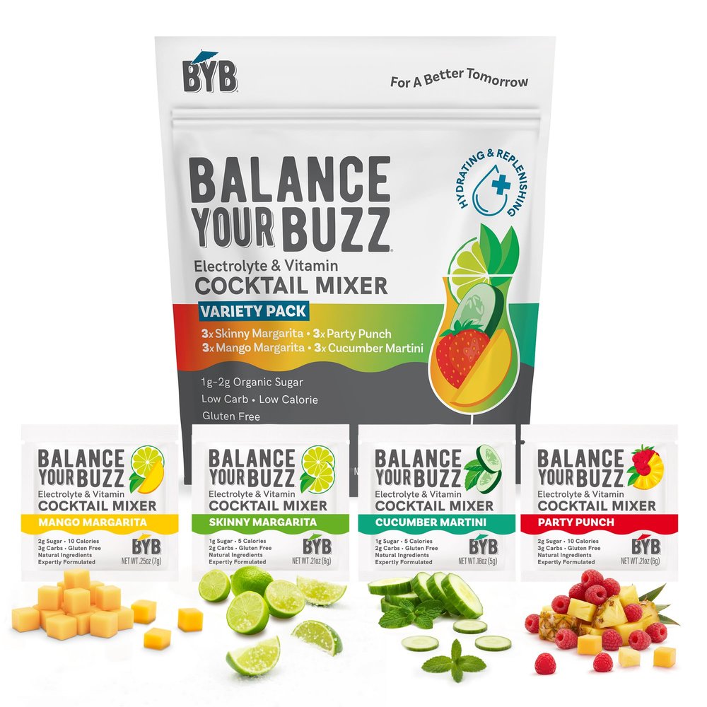 BYB Mixers Variety Pack (12) Organic Cocktail & Mocktail Mixers Party Punch, Cucumber Mint Martini, Mango Margarita, Skinny Margarita Infused with Electrolytes & Vitamins, Low Calorie, Low Organic Sugar