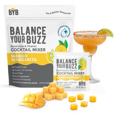 BYB Mixers Mango Margarita Cocktail Mix Packets (12 Pack) Infused with Electrolytes and Vitamins, 10 Calories, 2g Organic Sugar, 3g Carbs, Cocktail and Mocktail Mixer, Organic Natural Ingredients
