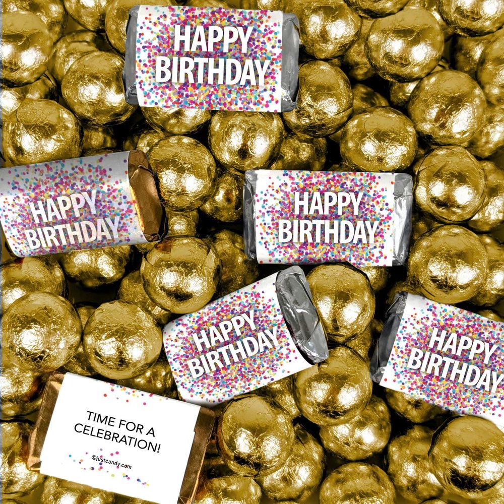 140 pcs Confetti Happy Birthday Party Favors Assorted Wrapped Chocolate Miniatures and Milk Chocolate Gold Foil Ball Mix For Birthday Bulk Candy, Candy Buffets, Party Gifts, DIY Favors & More (3.24lb)