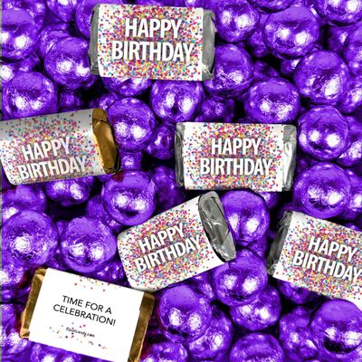 140 pcs Confetti Happy Birthday Party Favors Assorted Wrapped Chocolate Miniatures and Milk Chocolate Purple Foil Ball Mix For Birthday Bulk Candy, Candy Buffets, Party Gifts, DIY Favors & More (3.24lb)