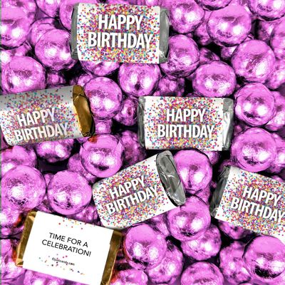 210 pcs Confetti Happy Birthday Party Favors Assorted Wrapped Chocolate Miniatures and Milk Chocolate Pink Foil Ball Mix For Birthday Bulk Candy, Candy Buffets, Party Gifts, DIY Favors & More (4.86lb)