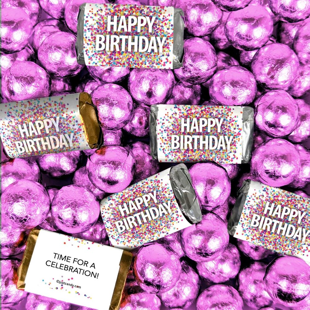 210 pcs Confetti Happy Birthday Party Favors Assorted Wrapped Chocolate Miniatures and Milk Chocolate Pink Foil Ball Mix For Birthday Bulk Candy, Candy Buffets, Party Gifts, DIY Favors & More (4.86lb)
