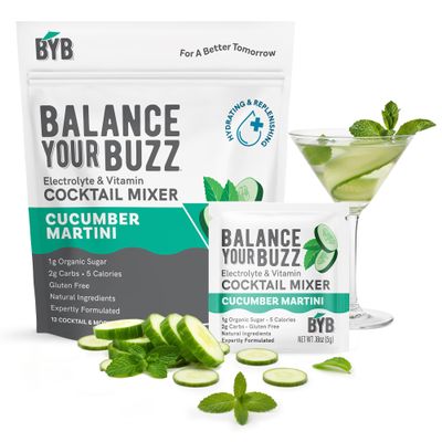 BYB Mixers Cucumber Mint Martini Cocktail Mix Packets (12 Pack) Infused with Electrolytes & Vitamins, 5 Calories, 1g Organic Sugar, 2g Carbs, Cocktail & Mocktail Mixer, Organic Natural Ingredients