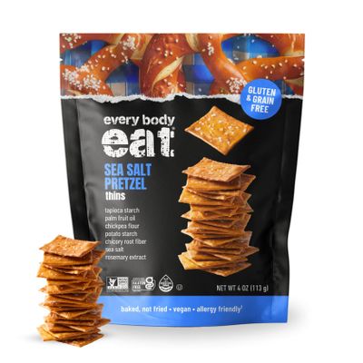 Every Body Eat Gluten Free Pretzels, Sea Salt Pretzel Thins Grain Free, Healthy Vegan Snacks, Dairy Free, Seed Oil Free Pretzel Crackers (Pack of 2), 4 oz Bags