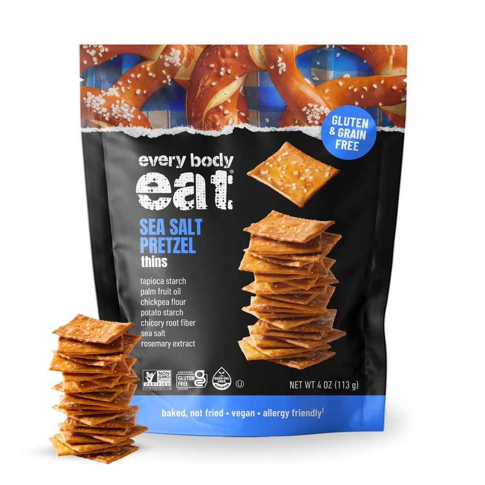Every Body Eat Gluten Free Pretzels, Sea Salt Pretzel Thins Grain Free, Healthy Vegan Snacks, Dairy Free, Seed Oil Free Pretzel Crackers (Pack of 2), 4 oz Bags