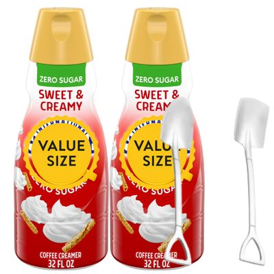 Zero Sugar Sweet & Creamy Liquid Coffee Creamer, 32 fl oz Bottles Pack of 2, Smooth Flavored Creamer for Hot or Iced Coffee with Candy Freezer Mini Metal Shovel Spoon