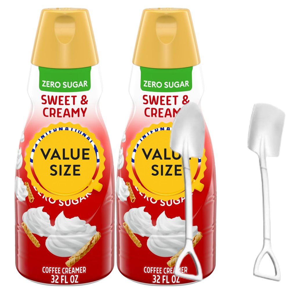Zero Sugar Sweet & Creamy Liquid Coffee Creamer, 32 fl oz Bottles Pack of 2, Smooth Flavored Creamer for Hot or Iced Coffee with Candy Freezer Mini Metal Shovel Spoon