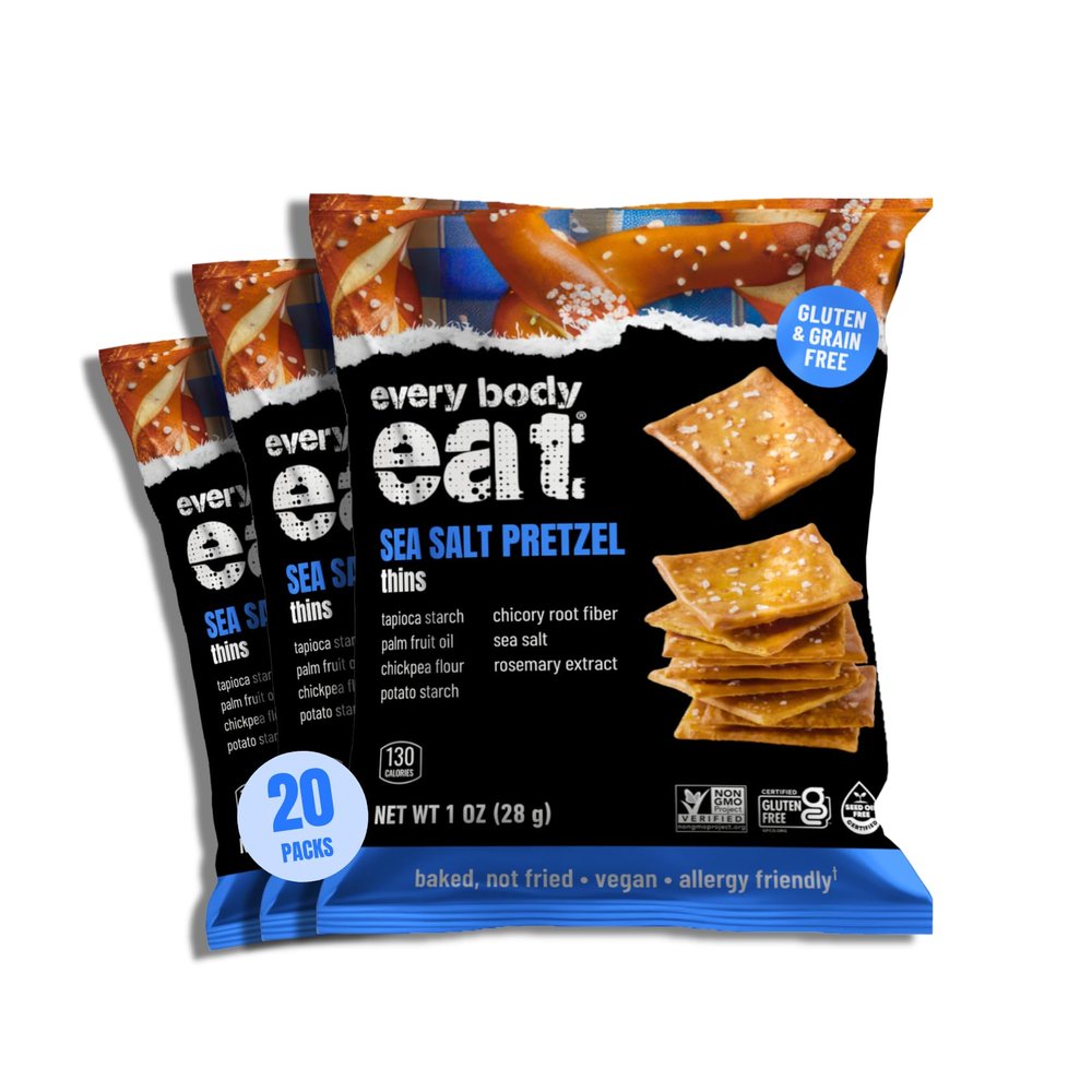 Every Body Eat Gluten Free Pretzels, Sea Salt Pretzel Thins Grain Free, Healthy Vegan Snacks, Dairy Free, Seed Oil Free Pretzel Crackers (20 Pack), 1 oz Bags