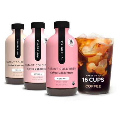 Pop & Bottle Organic Cold Brew Coffee Concentrate - Iced Coffee Concentrate Liquid For At Home, Dairy Free, Makes Up To 16 Cups - Mocha, Vanilla, & Caramel, 8 Fl Oz (Mixed 3 Pack)