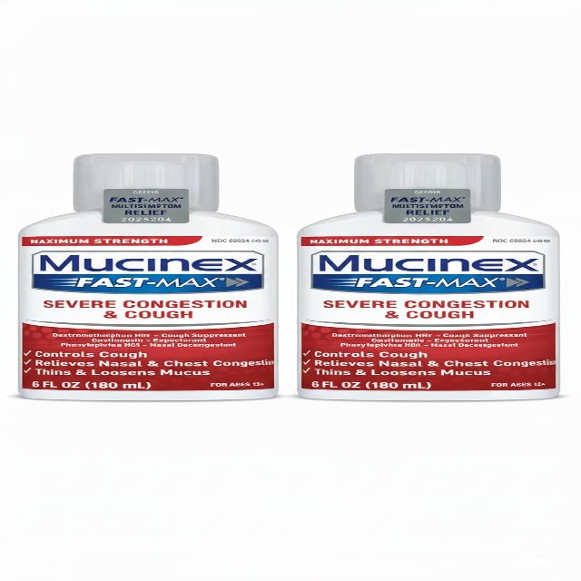 Mucinex Fast-Max Severe Congestion & Cough Medicine, Maximum Strength Symptom Relief, Over-The-Counter Medication, Cold Medicine, Cough Suppressant, Nasal Decongestant, 6 Fl Oz (Pack of 2)