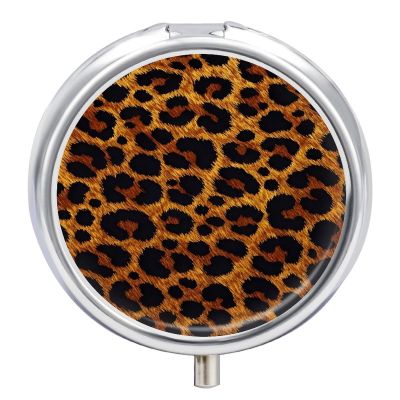 Leopard Print Pill Box, Small Pill Organizer with 3 Compartments and Mirror, Fun Round Portable Travel Metal Pill Case