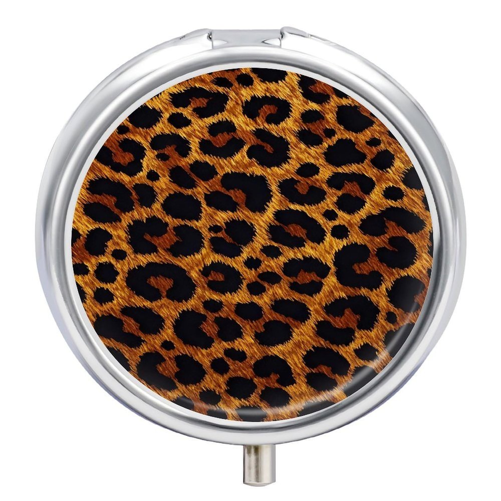 Leopard Print Pill Box, Small Pill Organizer with 3 Compartments and Mirror, Fun Round Portable Travel Metal Pill Case
