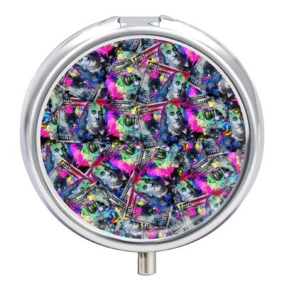 100 Dollar Bills Rainbow Graphic Pill Box, Small Pill Organizer with 3 Compartments and Mirror, Fun Round Portable Travel Metal Pill Case