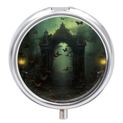 Vintage Halloween Pill Box, Small Pill Organizer with 3 Compartments and Mirror, Fun Round Portable Travel Metal Pill Case