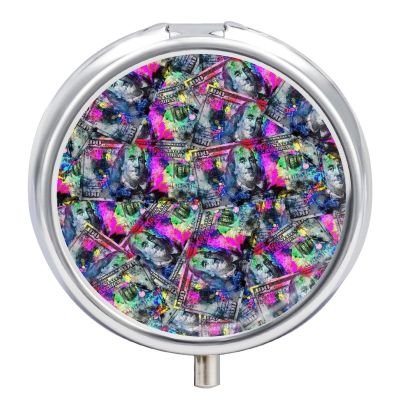 100 Dollar Bills Rainbow Graphic Pill Box, Small Pill Organizer with 3 Compartments and Mirror, Fun Round Portable Travel Metal Pill Case