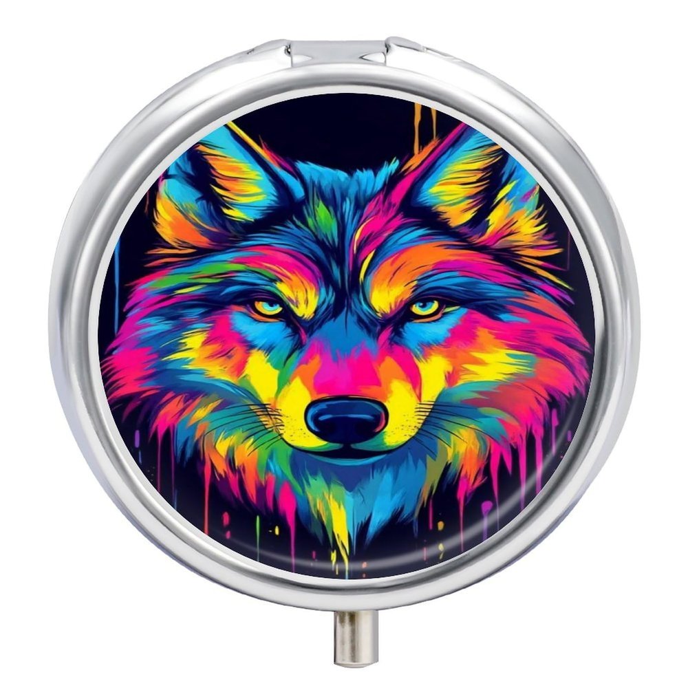 Wolf Pill Box, Small Pill Organizer with 3 Compartments and Mirror, Fun Round Portable Travel Metal Pill Case