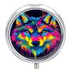 Wolf Pill Box, Small Pill Organizer with 3 Compartments and Mirror, Fun Round Portable Travel Metal Pill Case view 1