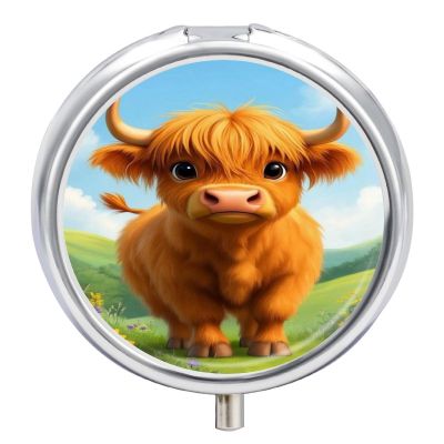 Cute Highland Cow Pill Box, Small Pill Organizer with 3 Compartments and Mirror, Fun Round Portable Travel Metal Pill Case