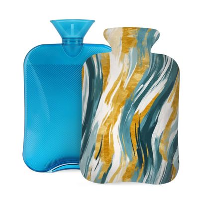 Myfsucce Hot Water Bottle with Cover Wave Gold Teal Textures Print, 2L Mini Hot Water Bag for Pain Relief, Cold Days, Gift for Women Men