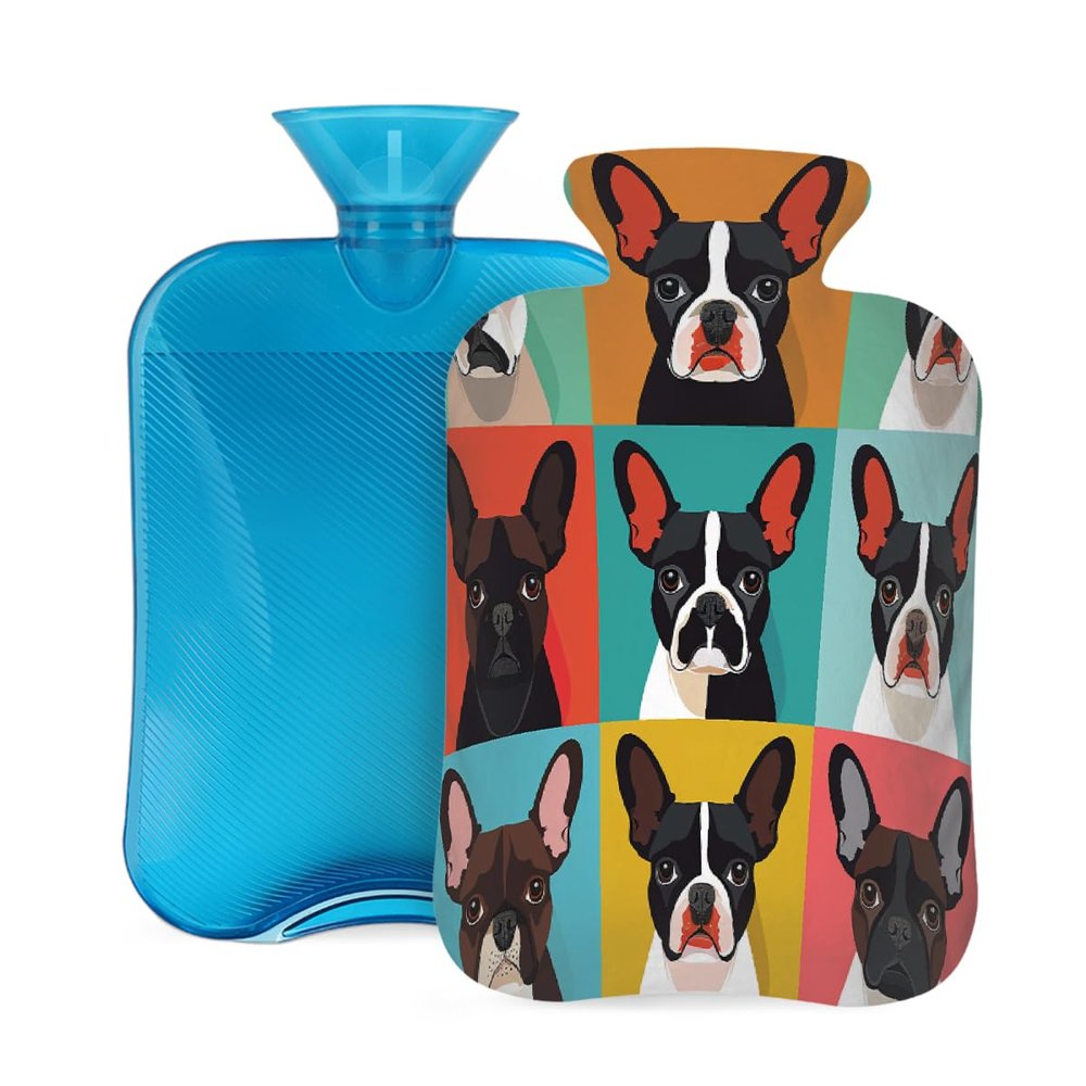 Myfsucce Hot Water Bottle with Cover Cute Puppy Dogs Print, 2L Mini Hot Water Bag for Pain Relief, Cold Days, Gift for Women Men