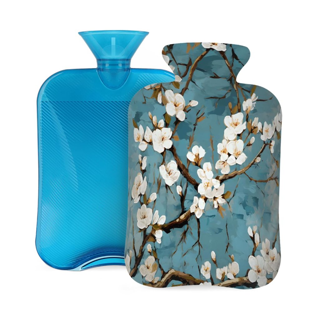 Myfsucce Hot Water Bottle with Cover White Floral Art Painting Print, 2L Mini Hot Water Bag for Pain Relief, Cold Days, Gift for Women Men