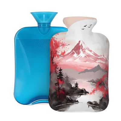 Myfsucce Hot Water Bottle with Cover Japanese Fuji Mountain Print, 2L Mini Hot Water Bag for Pain Relief, Cold Days, Gift for Women Men