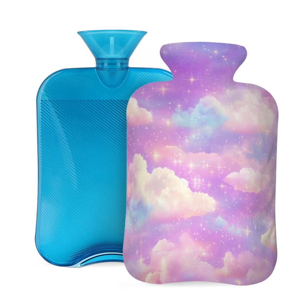 Myfsucce Hot Water Bottle with Cover Star Cloud Sky Print, 2L Mini Hot Water Bag for Pain Relief, Cold Days, Gift for Women Men