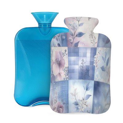 Myfsucce Hot Water Bottle with Cover Bluepink Floral Patchwork Print, 2L Mini Hot Water Bag for Pain Relief, Cold Days, Gift for Women Men