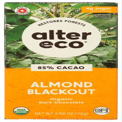 Alter Eco Organic Dark Chocolate Bar, Almond Blackout, 85% Cacao, 2.65 oz (75 g)