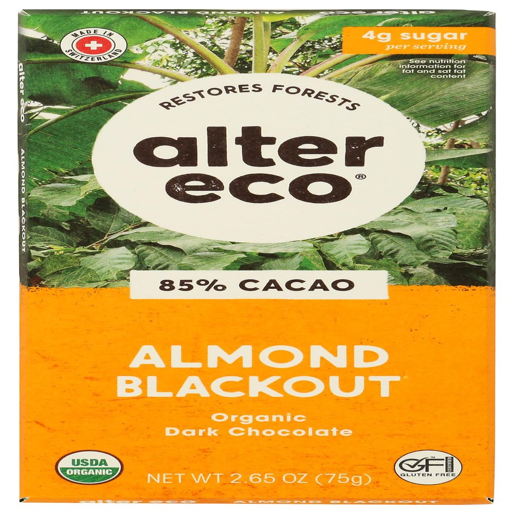 Alter Eco Organic Dark Chocolate Bar, Almond Blackout, 85% Cacao, 2.65 oz (75 g)