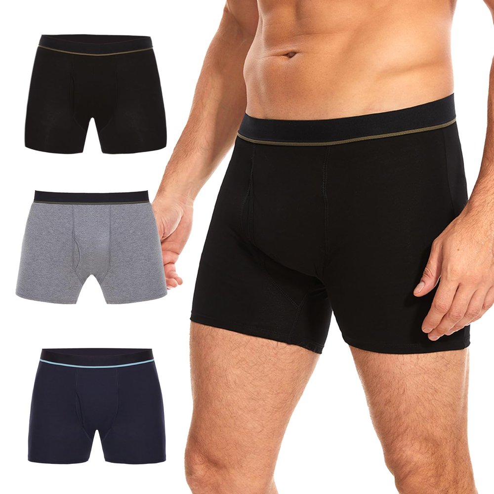 ShieldEase Men's Incontinence Boxer Briefs, Black/Grey/Blue L, 3 Pack