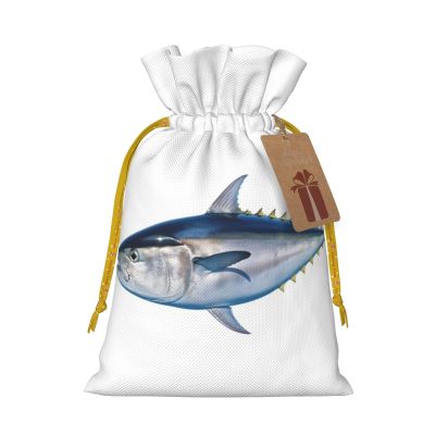 Burlap Santa Sack with Tags, Yellow Christmas Ribbon Holiday Gift Wrap Bag Reusable Drawstring Gift Bag Tuna Thunnus Gift Wrapping Bags Personalized Christmas Sacks for Presents Small