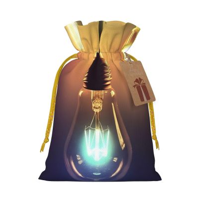 Burlap Santa Sack with Tags, Yellow Christmas Ribbon Holiday Gift Wrap Bag Reusable Drawstring Gift Bag Light Bulbs Gift Wrapping Bags Personalized Christmas Sacks for Presents Medium