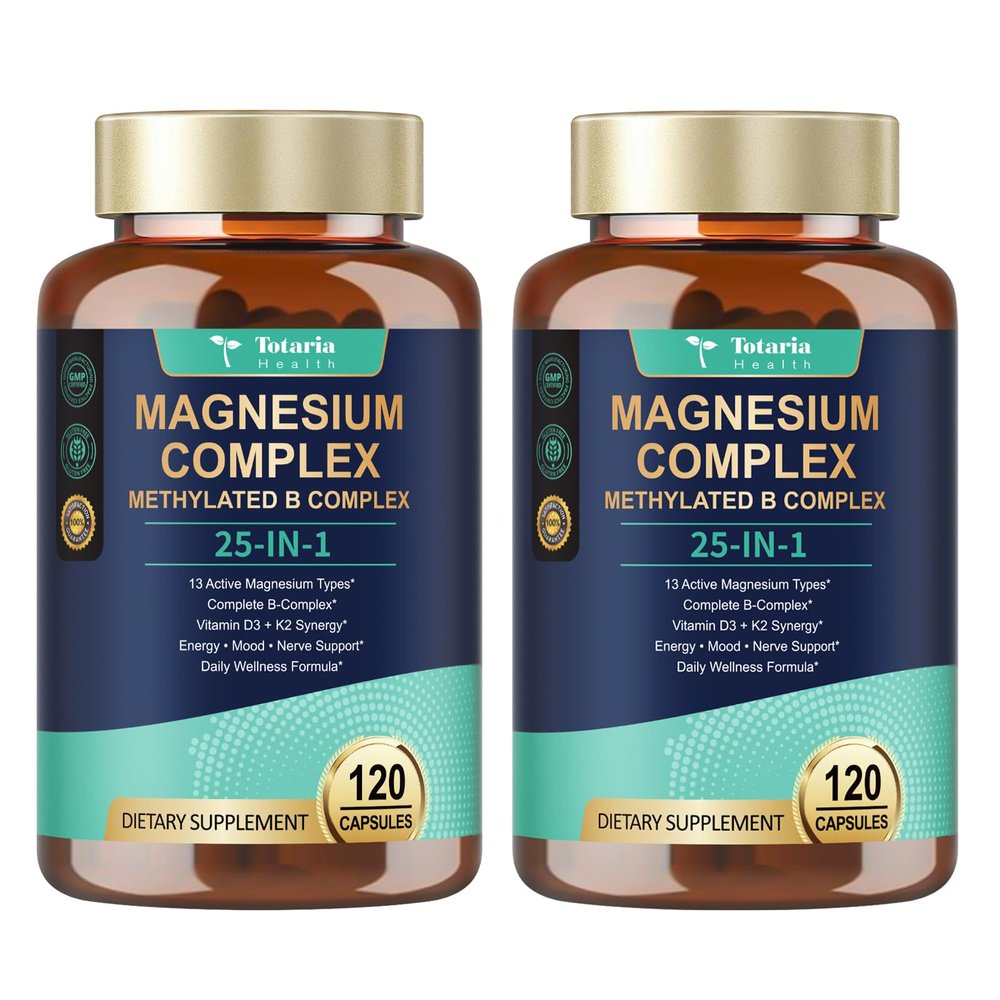25-in-1 Magnesium Complex with Methylated B Complex, 1000mg Magnesium Complex for Women & Men with Magnesium Glycinate 400mg, 120 Vegan Capsules per Bottle, 2 Bottles
