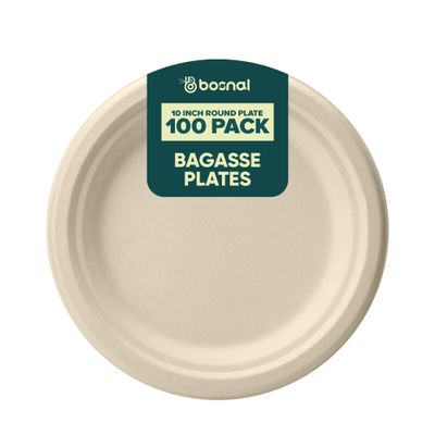 BOSNAL 10 Inch Round Compostable Plates 100 Pack, 100% Plant-Based Sugarcane Bagasse, Eco-Friendly Disposable Plates for Hot & Cold Meals, Microwave Safe, BPA-Free, Durable & Leak-Resistant