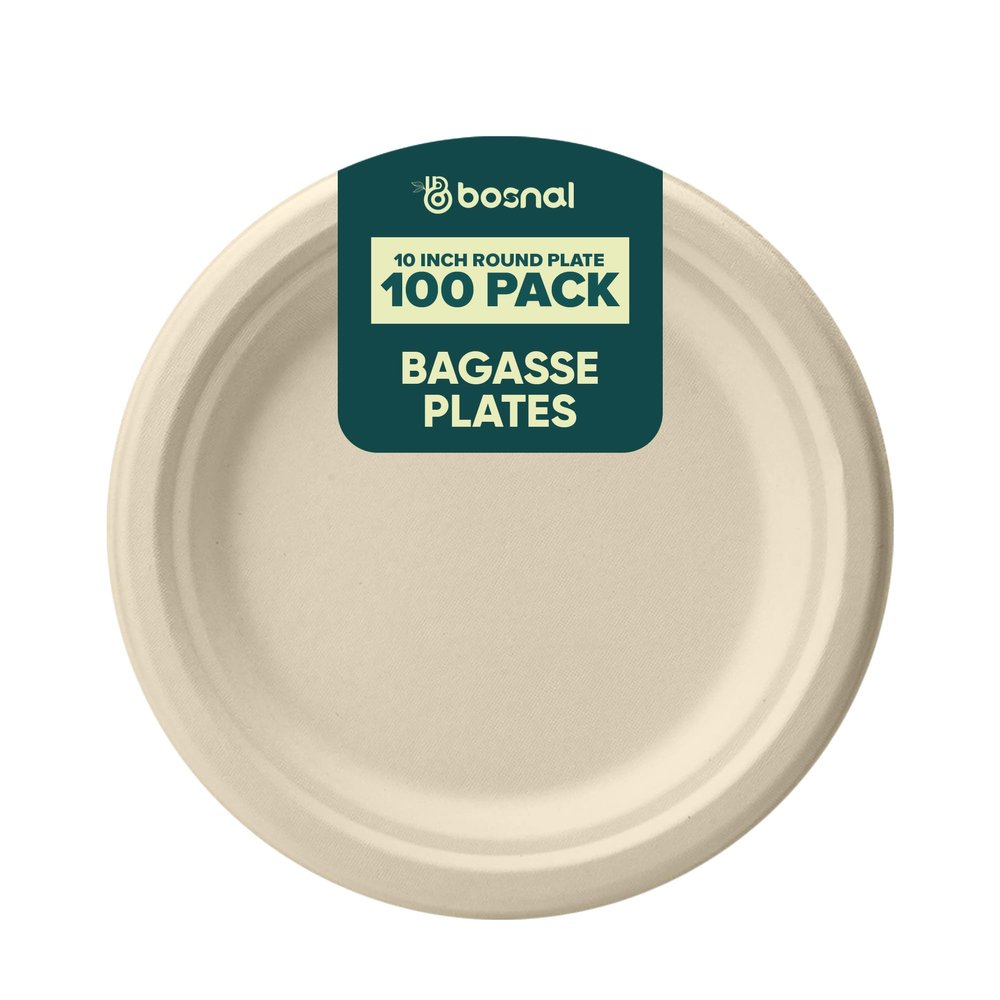 BOSNAL 10 Inch Round Compostable Plates 100 Pack, 100% Plant-Based Sugarcane Bagasse, Eco-Friendly Disposable Plates for Hot & Cold Meals, Microwave Safe, BPA-Free, Durable & Leak-Resistant