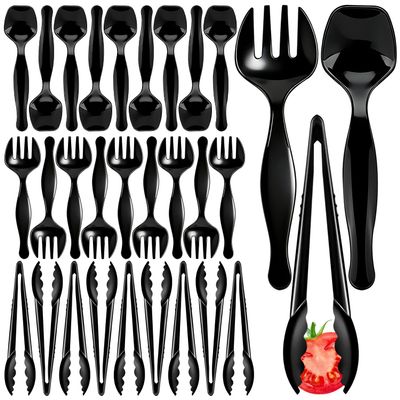 30PCS Disposable Plastic Serving Utensils for Parties, Buffet Serving Utensils Set-10 Black Plastic Serving Spoons, 10 Tongs and 10 Forks for Catering, Entertaining and Parties