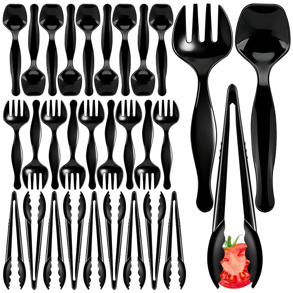 30PCS Disposable Plastic Serving Utensils for Parties, Buffet Serving Utensils Set-10 Black Plastic Serving Spoons, 10 Tongs and 10 Forks for Catering, Entertaining and Parties