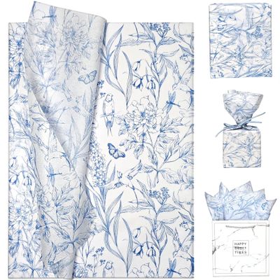 LIAPAWPAW Floral Bird Tissue Paper Bulk, Vintage Blue and White Flower Tissue Paper for Gift Bags Wrapping Crafts, Elegant Art Packing Supplies for Wedding, Birthday, Holidays Decor, 30 Sheets 20x14in