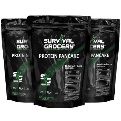Survival Grocery Protein Pancake Mix - High Protein (20g), Balanced Macros (15g Fat, 14g Net Carbs), Organic Pea Protein Base - Gluten-Free, Dairy-Free, Just Add Water (3 kg / 3 Bags)