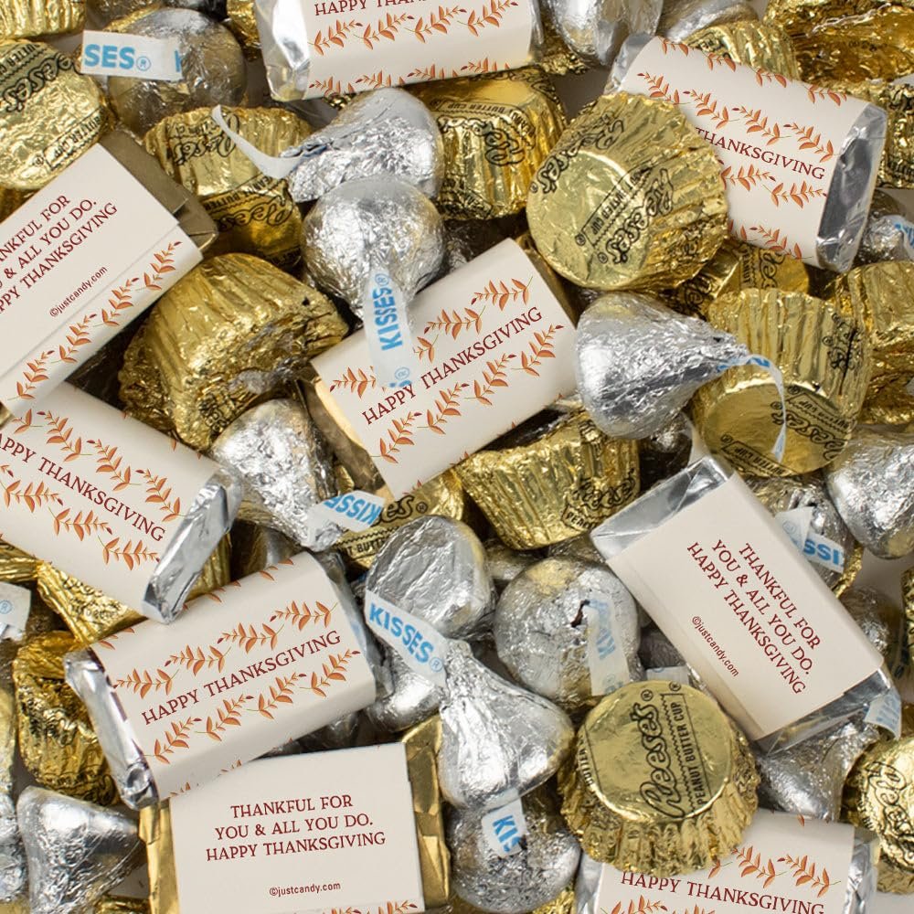 220 Pcs Happy Thanksgiving Chocolate Candy Mix Assortment - Wrapped Chocolate Miniatures, Silver Foiled Kisses & Gold Mini Peanut Butter Cups For Fall Party Favors, Elegant Thanksgiving Table Assortments, Sweet Candy Gifts, Friendsgiving Goodie Bags