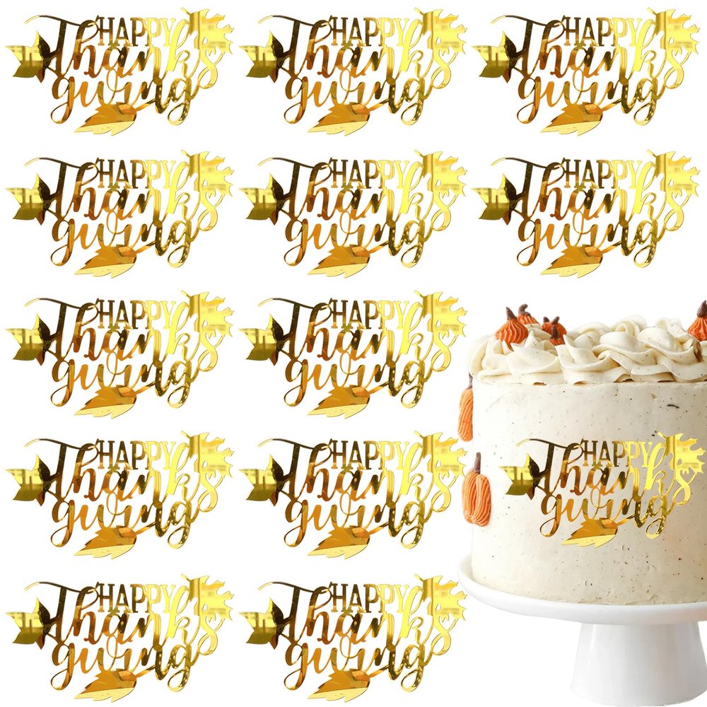 12 Pcs Fall Leaf Cake Toppers s Happy Thanksgiving Gold Acrylic Mirror Cupcake Topper Engraved Side Cake Decoration for Autumn Thanksgiving Party DIY Cake Desserts Supplies
