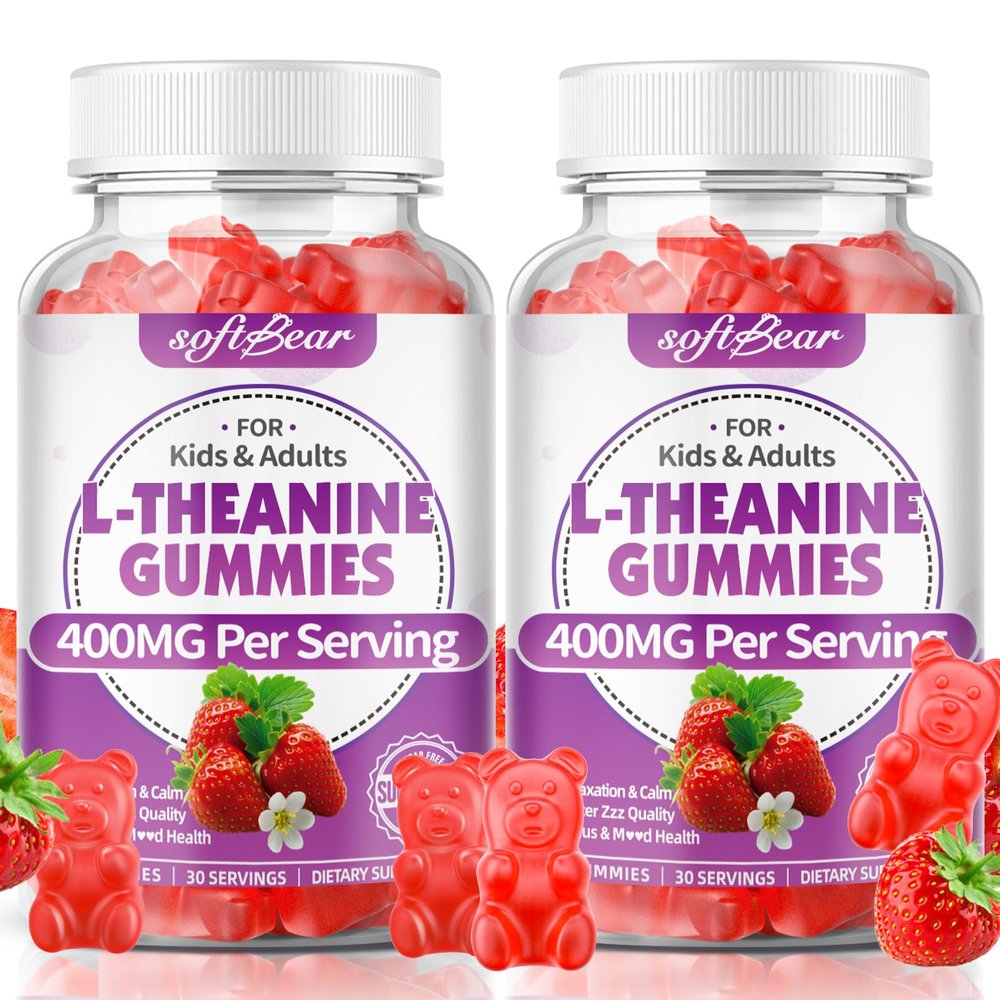 softbear L-Theanine Gummies 400mg for Kids & Adults, L Theanine Supplement with Ashwagandha, GABA, 5-HTP Supports Calm & Relax & Focus, Sugar-Free/Vegan/GMO-Free, Strawberry Flavor 120 Count
